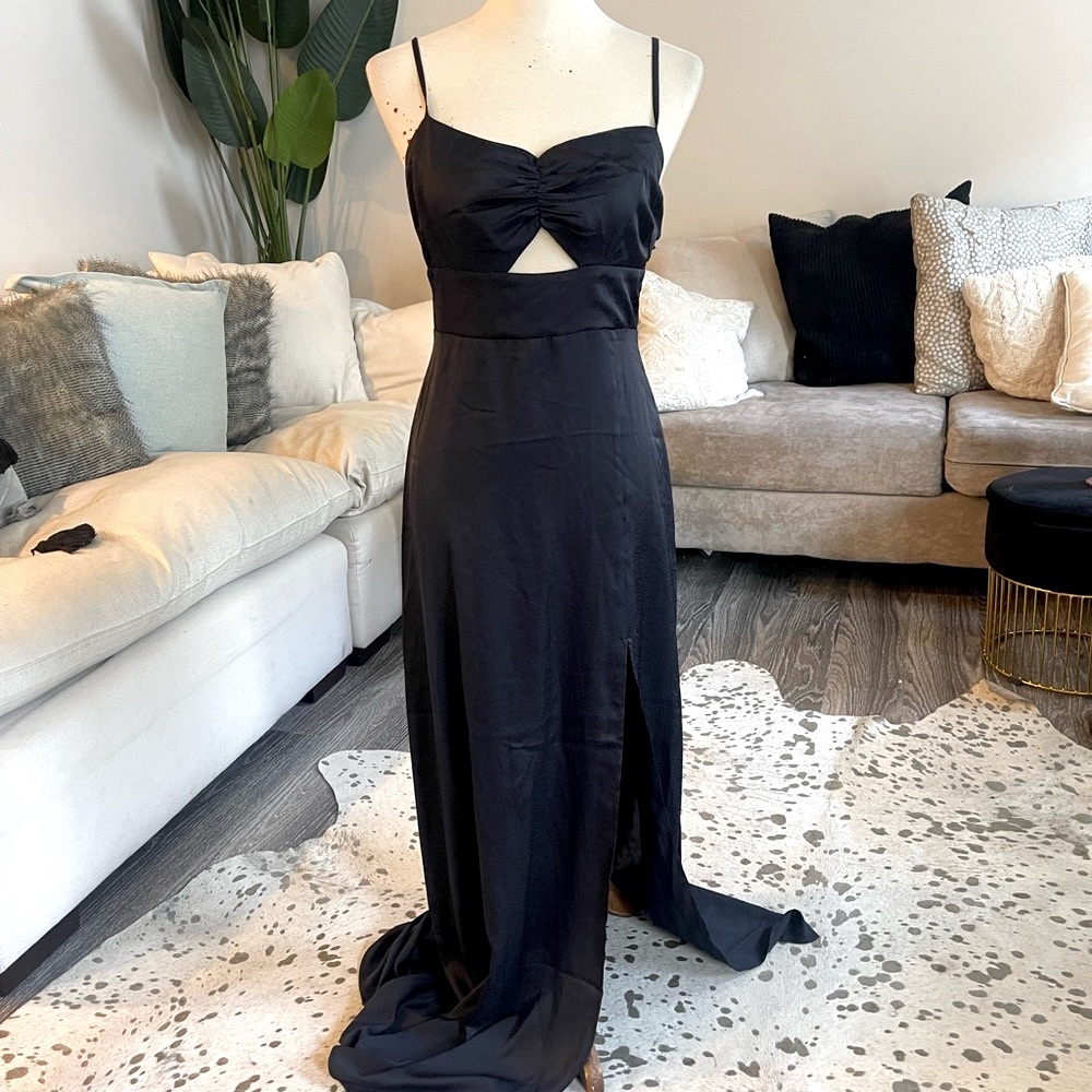Midnight blue slip dress with keyhole cutout